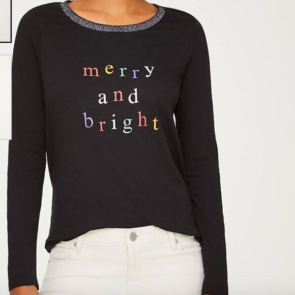 NWT LOFT Black W/Christmas Merry and Bright Graphic Long Sleeve Tee - Picture 4 of 10